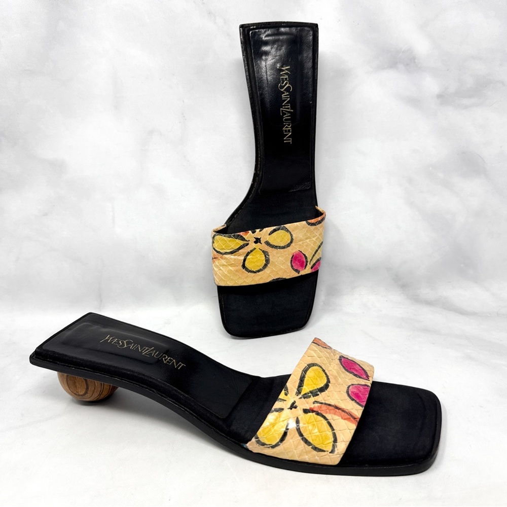 YSL Yves Saint Laurent Vintage Y2K Square Toe Heel Wood Ball Kitten Sandal Mules